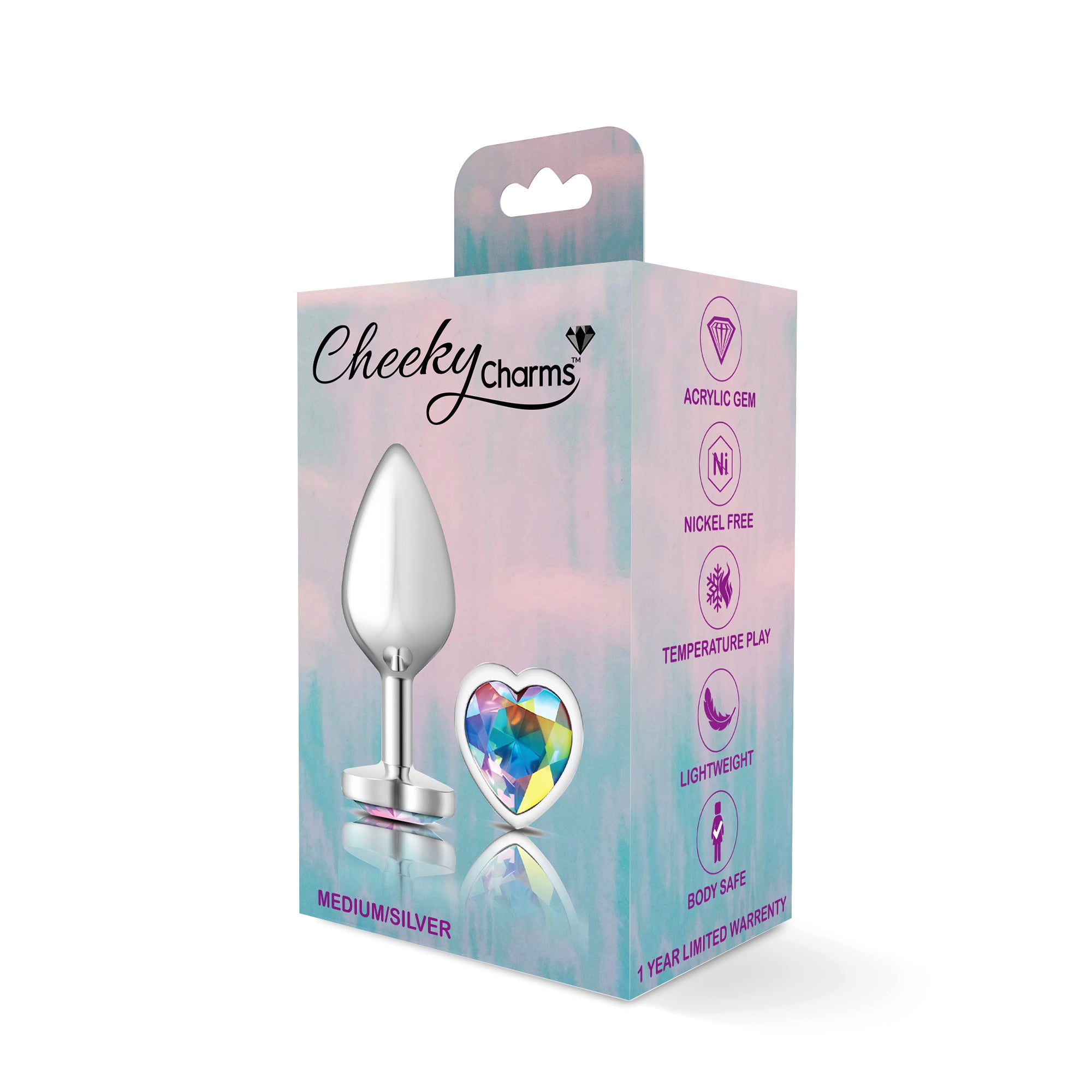 Clear Iridescent Heart Gem Silver Metal Plug - Md